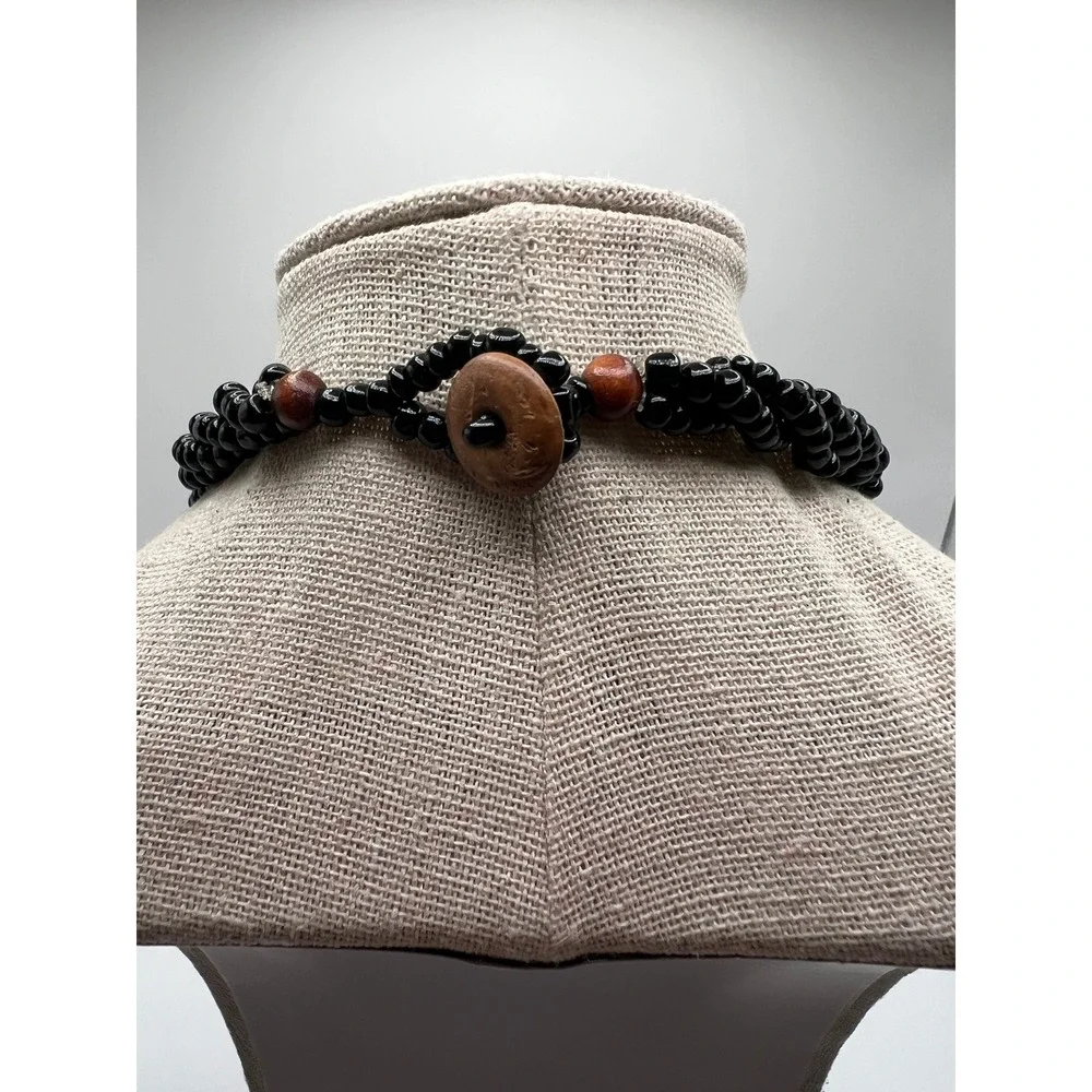 Black Seed Bead Necklace Shell Pendant Coastal Boho Statement Black Shell